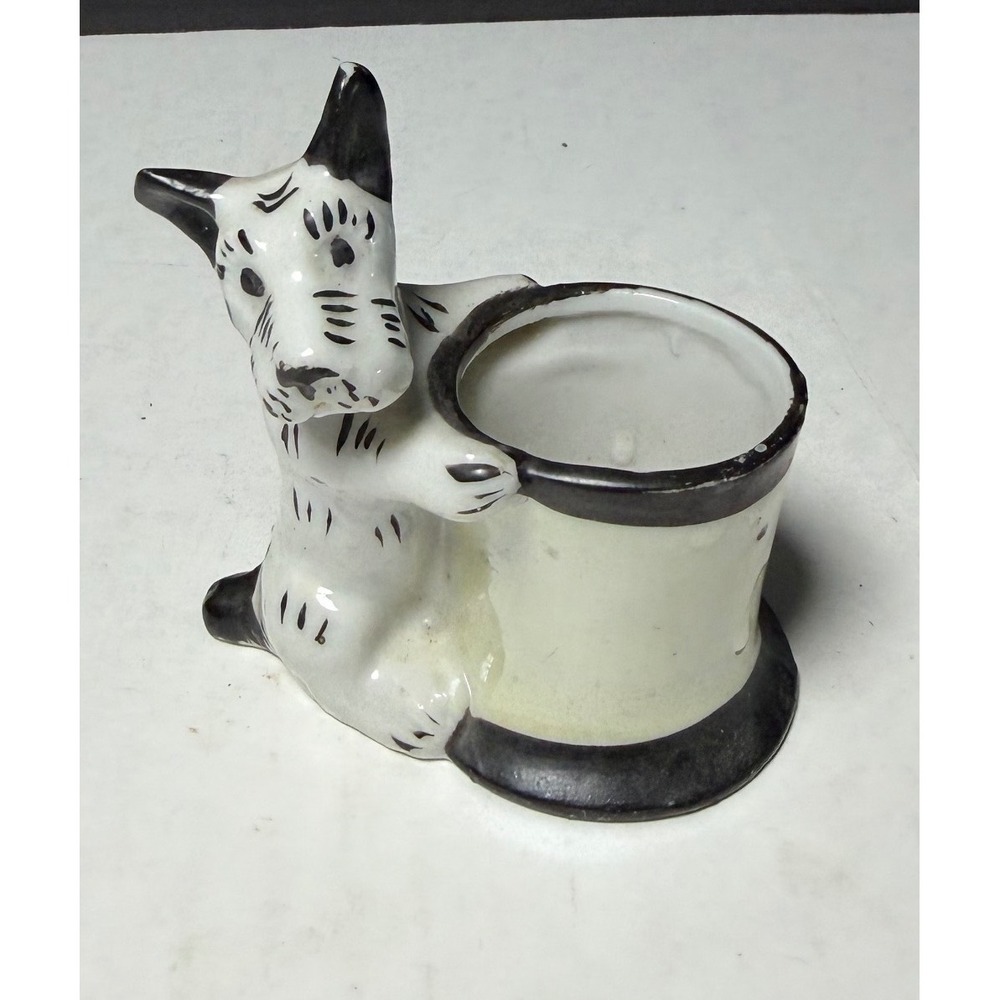 VTG Japan Bisque Porcelain Scottish Terrier Dog Toothpick Match Holder Barrel